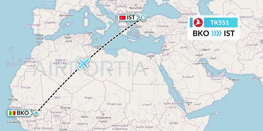 TK551 Turkish Airlines Flight Map: Bamako to Istanbul