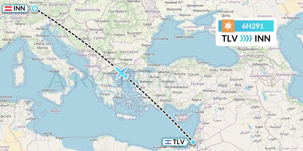6H291 Israir Airlines Flight Map: Tel Aviv to Innsbruck