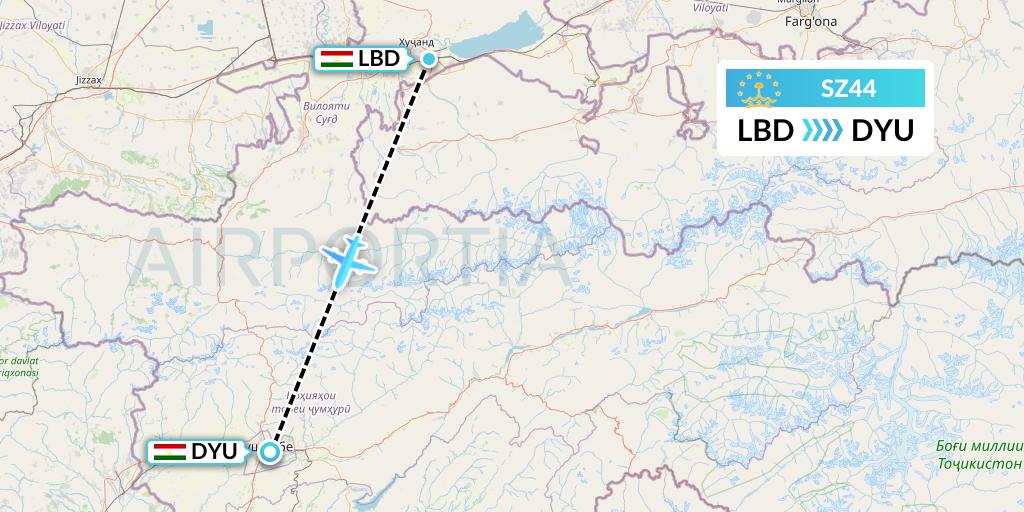 SZ44 Somon Air Flight Map: Khudzhand to Dushanbe