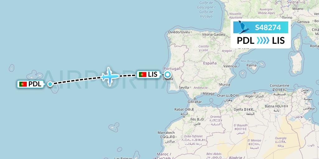 S48274 Azores Airlines Flight Map: Ponta Delgada to Lisbon