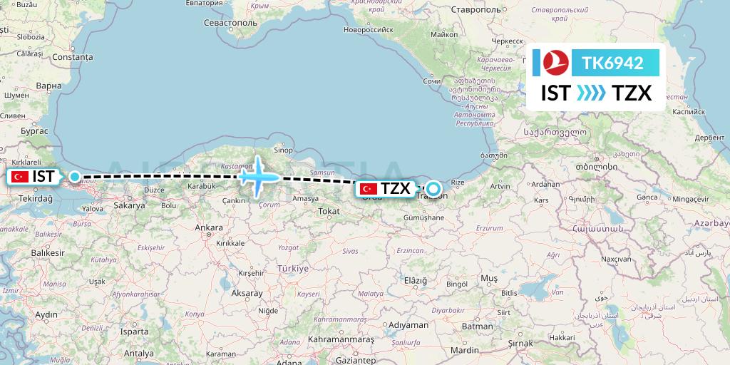 TK6942 Turkish Airlines Flight Map: Istanbul to Trabzon