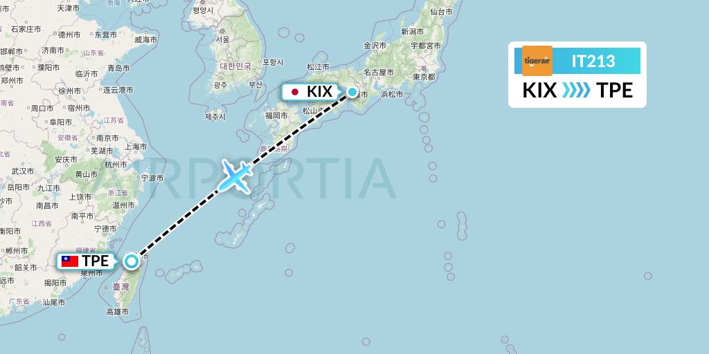 IT213 Tigerair Taiwan Flight Map: Osaka to Taipei