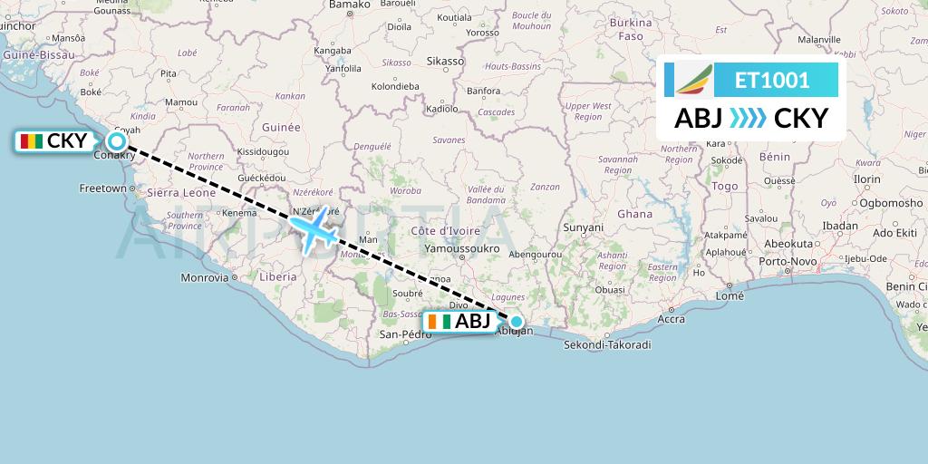 ET1001 Ethiopian Airlines Flight Map: Abidjan to Conakry