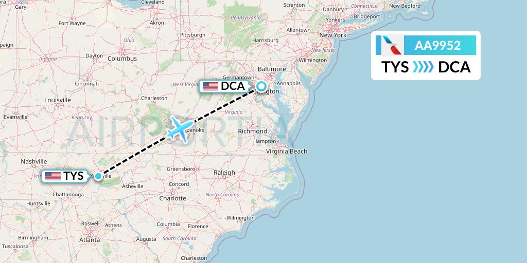 AA9952 American Airlines Flight Map: Knoxville to Washington