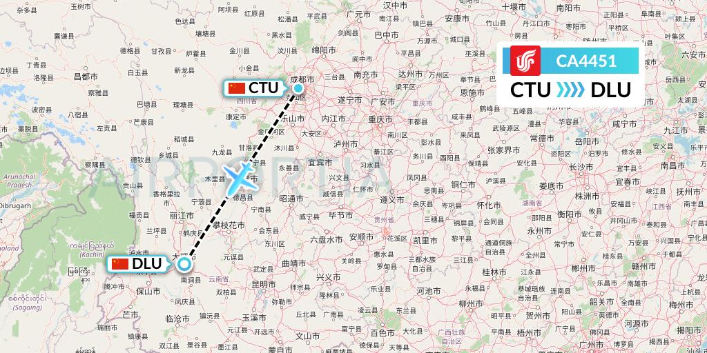 CA4451 Air China Flight Map: Chengdu to Dali