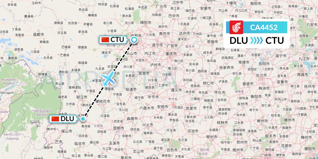 CA4452 Air China Flight Map: Dali to Chengdu