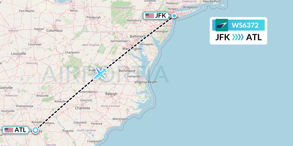 WS6372 WestJet Flight Map: New York to Atlanta