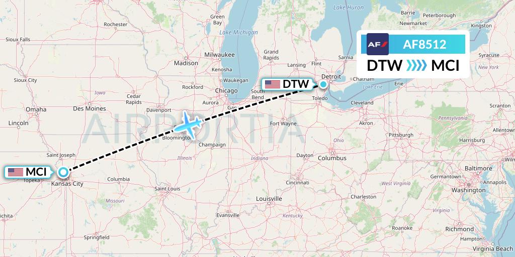 AF8512 Air France Flight Map: Detroit to Kansas City