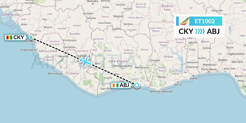 ET1002 Ethiopian Airlines Flight Map: Conakry to Abidjan
