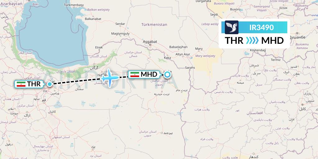 IR3490 Iran Air Flight Map: Tehran to Mashhad