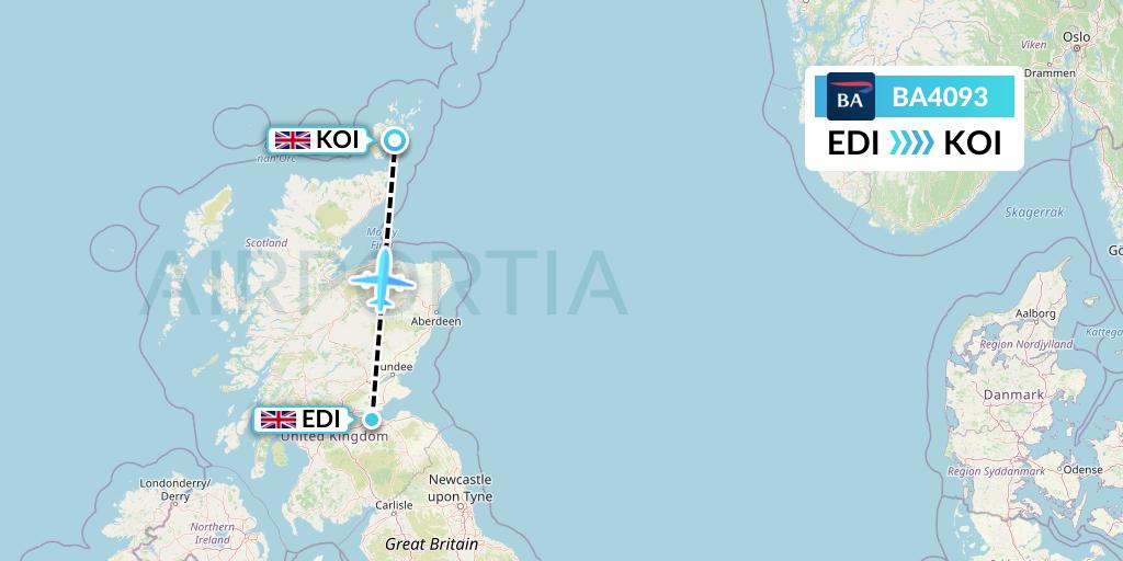 BA4093 British Airways Flight Map: Edinburgh to Kirkwall