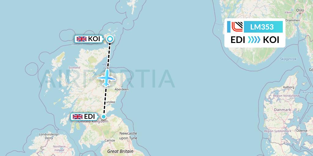 LM353 Loganair Flight Map: Edinburgh to Kirkwall