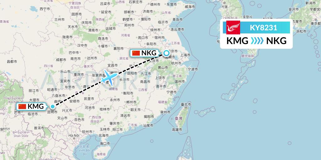KY8231 Kunming Airlines Flight Map: Kunming to Nanjing