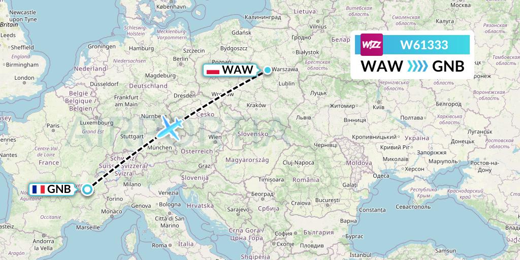 W61333 Wizz Air Flight Map: Warsaw to Grenoble