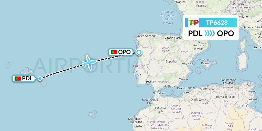 TP6628 TAP Portugal Flight Map: Ponta Delgada to Porto