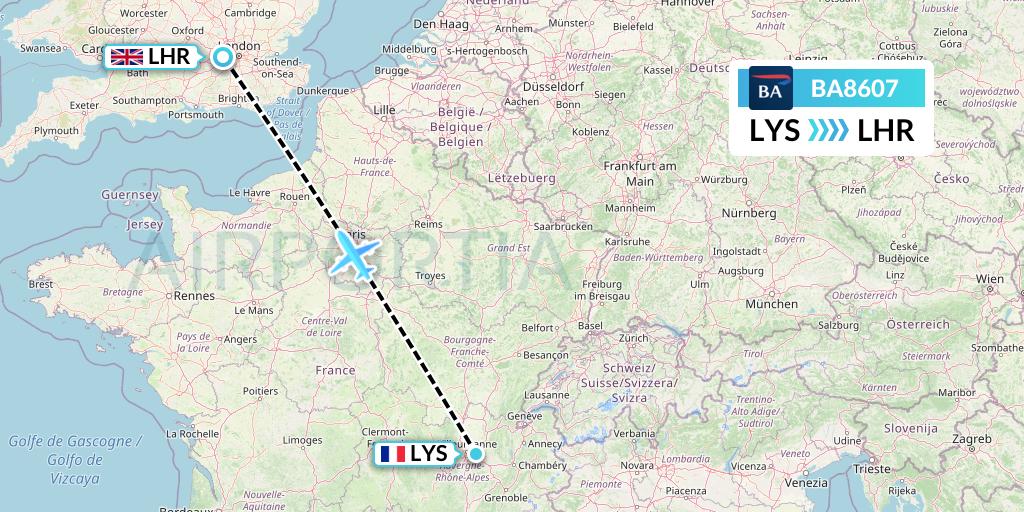 BA8607 British Airways Flight Map: Lyon to London