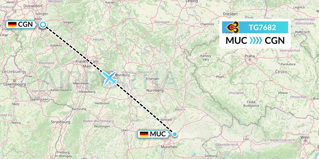 TG7682 Thai Airways Flight Map: Munich to Cologne