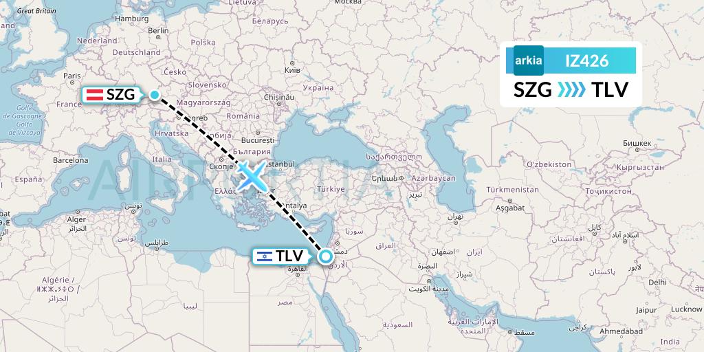 IZ426 Arkia Israeli Airlines Flight Map: Salzburg to Tel Aviv