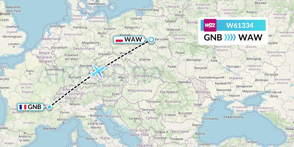 W61334 Wizz Air Flight Map: Grenoble to Warsaw