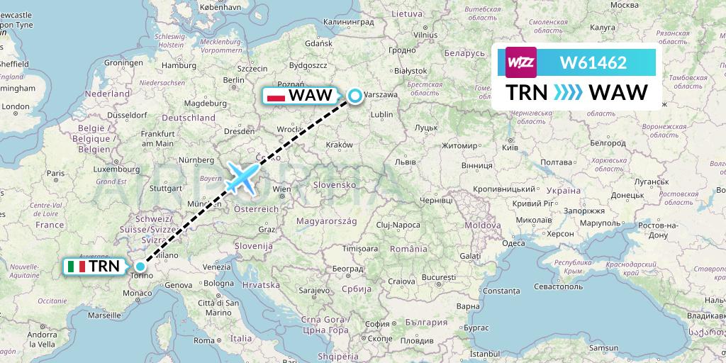 W61462 Wizz Air Flight Map: Turin to Warsaw