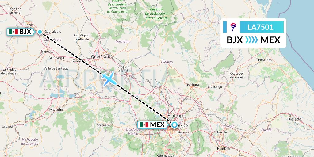 LA7501 LAN Airlines Flight Map: Silao to Mexico City