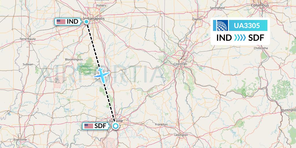 UA3305 United Airlines Flight Map: Indianapolis to Louisville