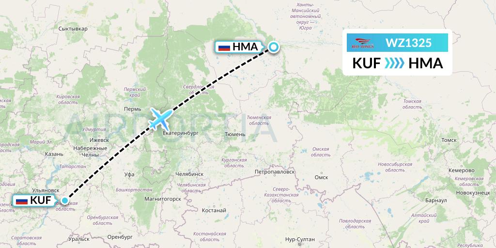 WZ1325 Red Wings Flight Map: Samara to Khanty-Mansiysk