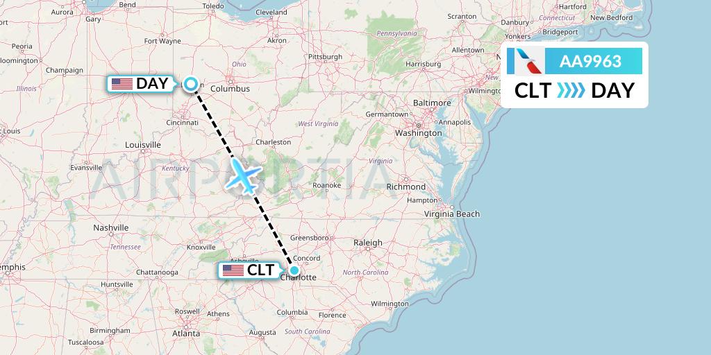 AA9963 American Airlines Flight Map: Charlotte to Dayton