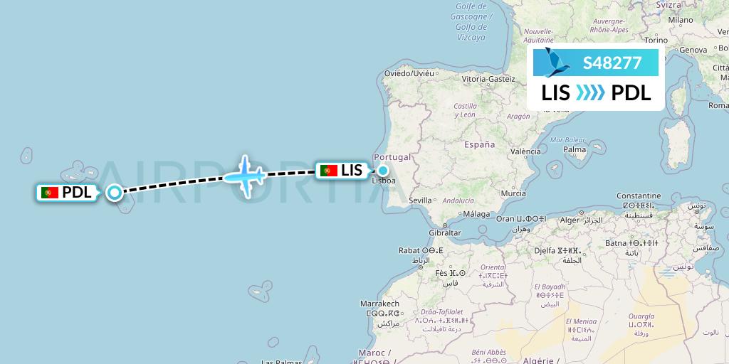 S48277 Azores Airlines Flight Map: Lisbon to Ponta Delgada
