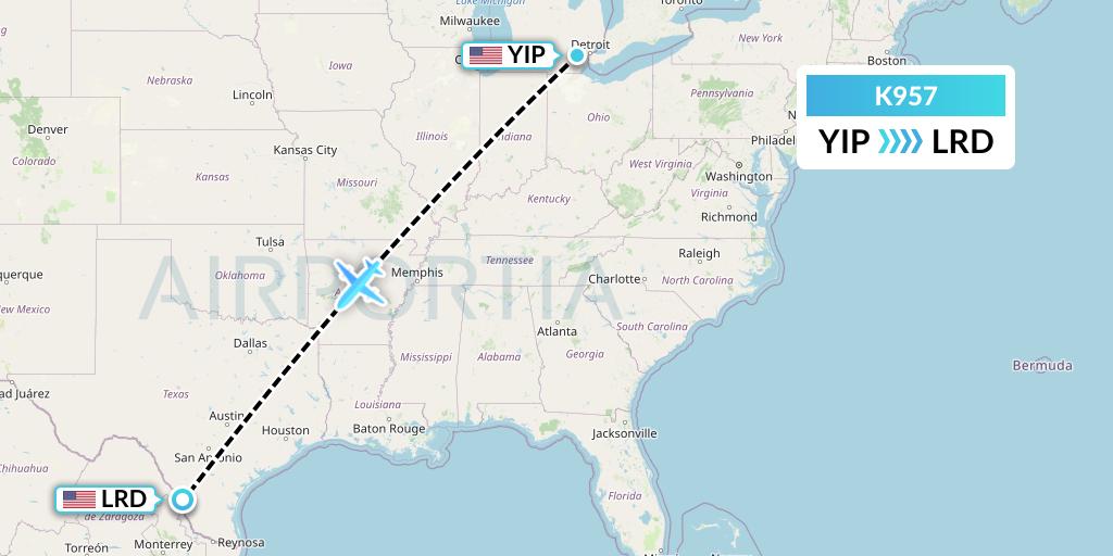 K957 Kalitta Charters Flight Map: Detroit to Laredo