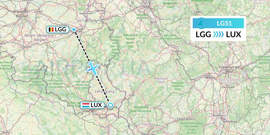 LG51 Luxair Flight Map: Liege to Luxembourg