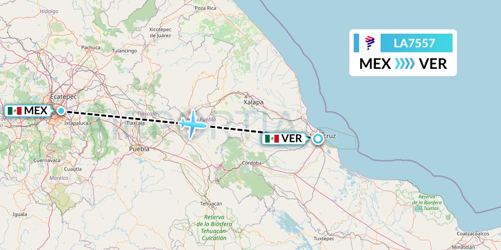 LA7557 LAN Airlines Flight Map: Mexico City to Veracruz