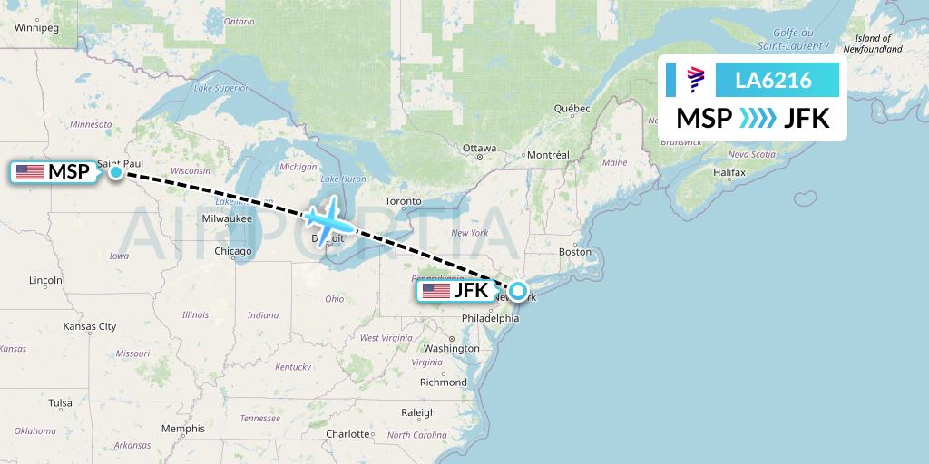 LA6216 LAN Airlines Flight Map: Minneapolis to New York