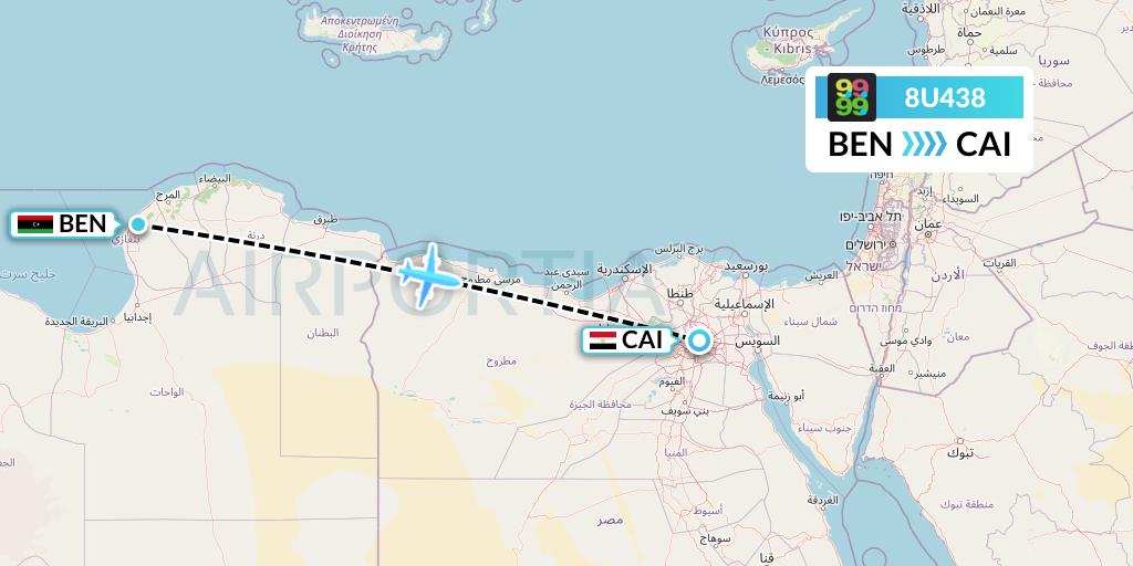 8U438 Afriqiyah Airways Flight Map: Benghazi to Cairo