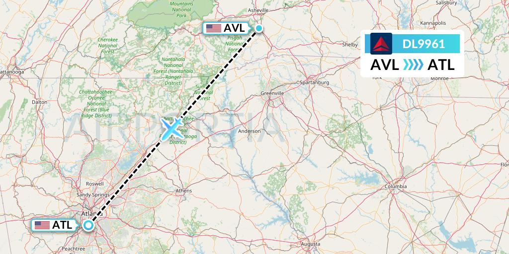 DL9961 Delta Air Lines Flight Map: Asheville to Atlanta