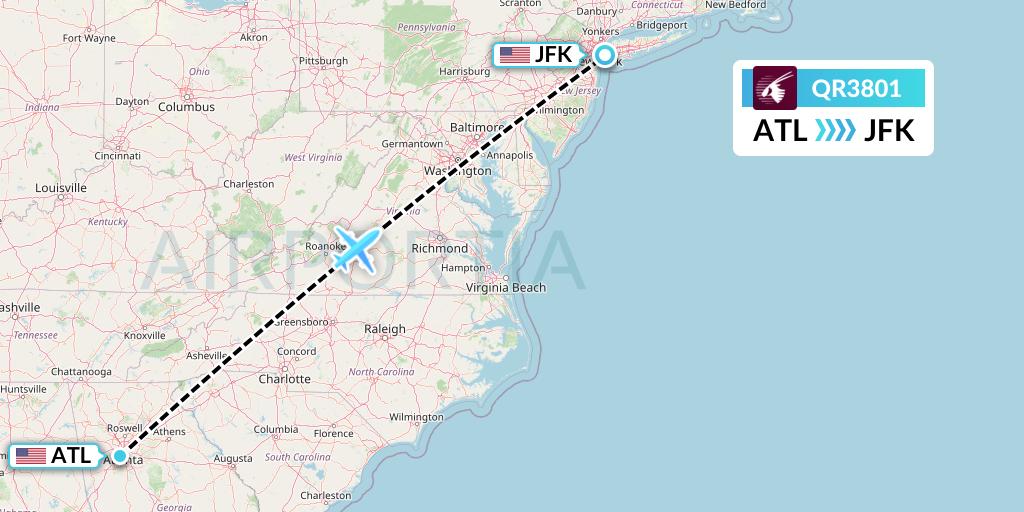 QR3801 Qatar Airways Flight Map: Atlanta to New York