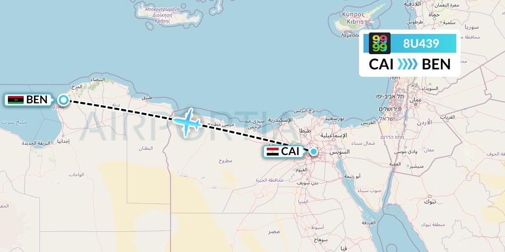 8U439 Afriqiyah Airways Flight Map: Cairo to Benghazi