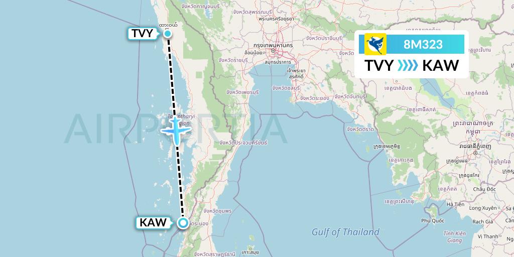 8M323 Myanmar Airways International Flight Map: Dawei to Kawthaung