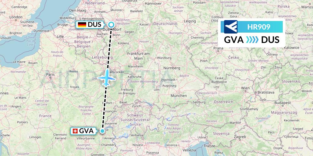 HR909 Hahn Air Flight Map: Geneva to Dusseldorf