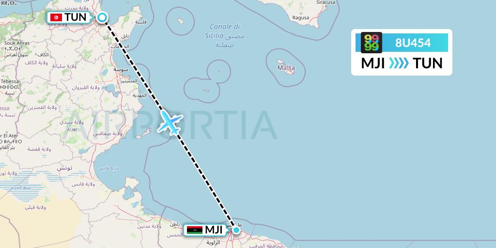 8U454 Afriqiyah Airways Flight Map: Tripoli to Tunis