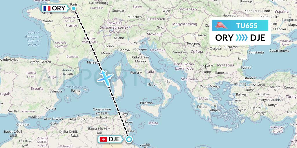 TU655 Tunisair Flight Map: Paris to Djerba