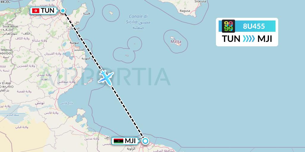 8U455 Afriqiyah Airways Flight Map: Tunis to Tripoli
