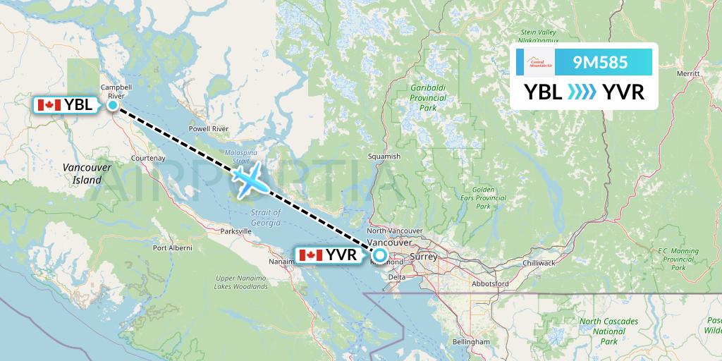 9M585 Central Mountain Air Flight Map: Campbell River to Vancouver