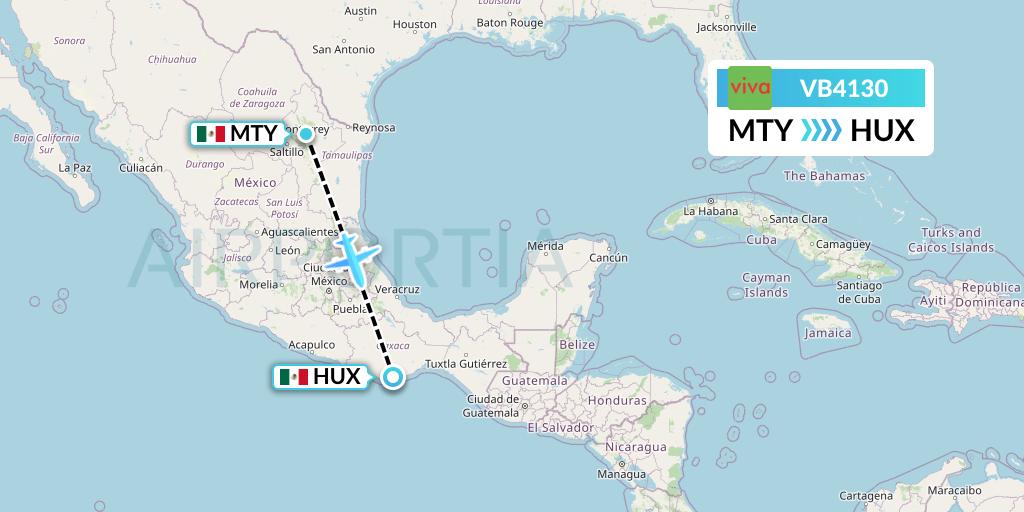VB4130 VivaAerobus Flight Map: Monterrey to Huatulco