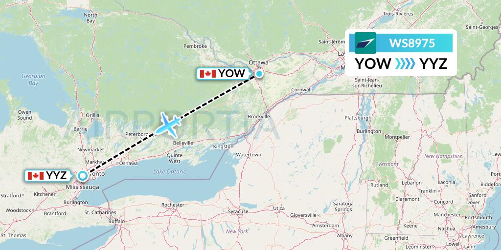 WS8975 WestJet Flight Map: Ottawa to Toronto