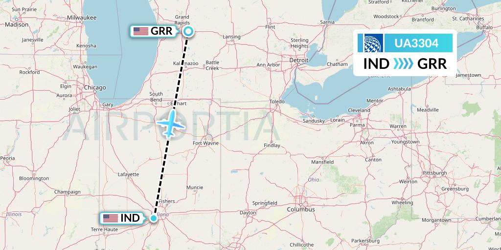UA3304 United Airlines Flight Map: Indianapolis to Grand Rapids