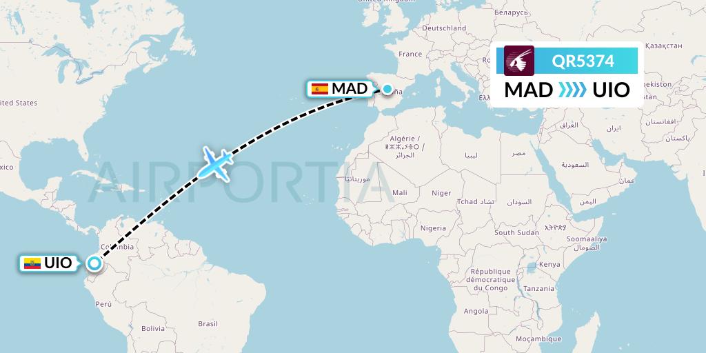QR5374 Qatar Airways Flight Map: Madrid to Quito