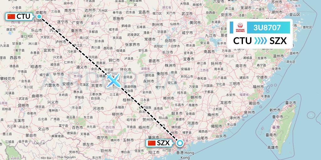 3U8707 Sichuan Airlines Flight Map: Chengdu to Shenzhen