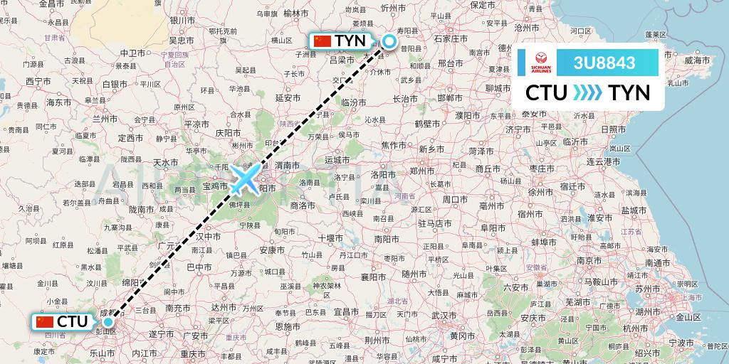 3U8843 Sichuan Airlines Flight Map: Chengdu to Taiyuan
