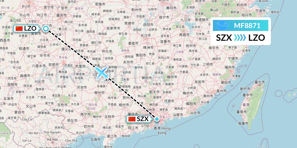 MF8871 Xiamen Airlines Flight Map: Shenzhen to Luzhou